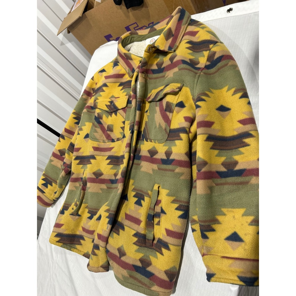 44 North Mens 2X Fleece Sherpa Lined Southwestern Shirt Jacket Azte Yellow Green
